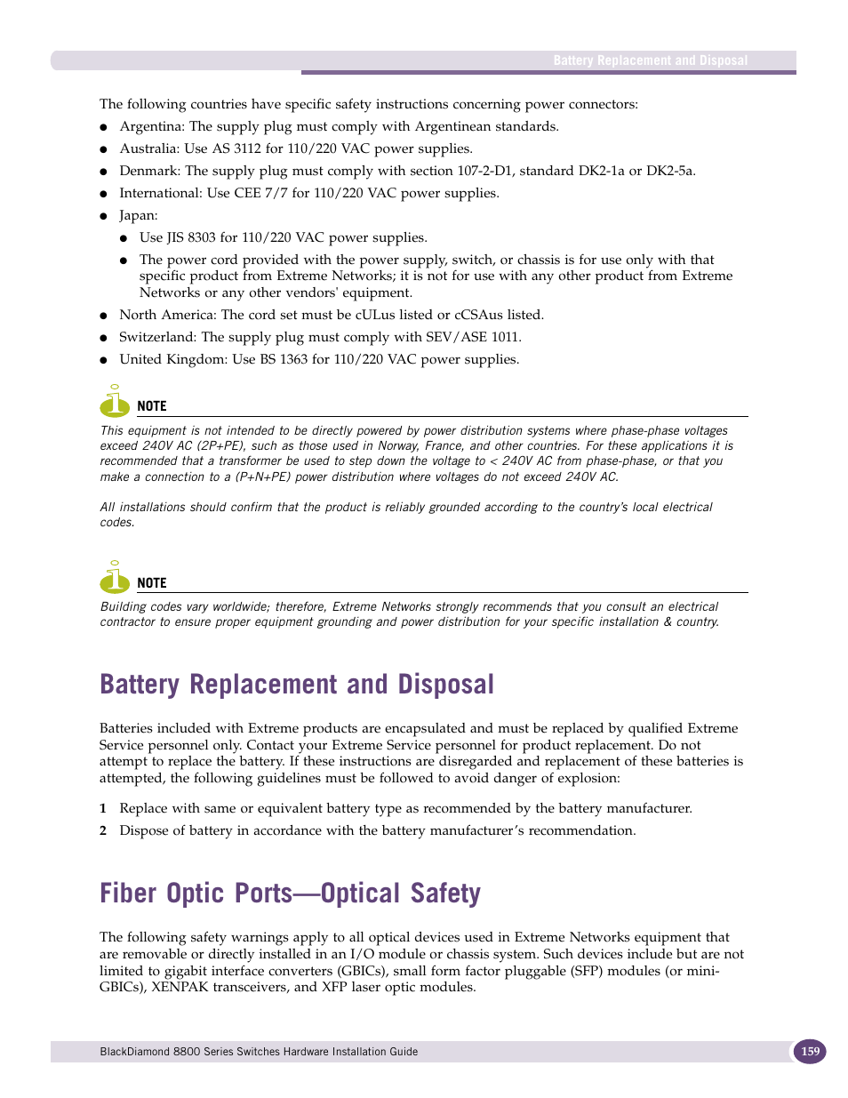 Battery replacement and disposal, Fiber optic ports-optical safety, Fiber optic ports—optical safety | Extreme Networks BlackDiamond 8800 Series User Manual | Page 159 / 180