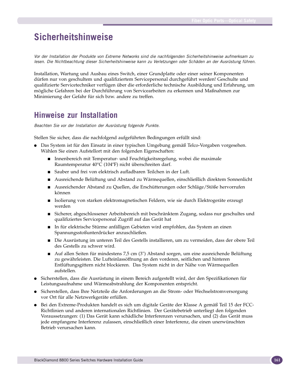Sicherheitshinweise, Hinweise zur installation | Extreme Networks BlackDiamond 8800 Series User Manual | Page 161 / 180