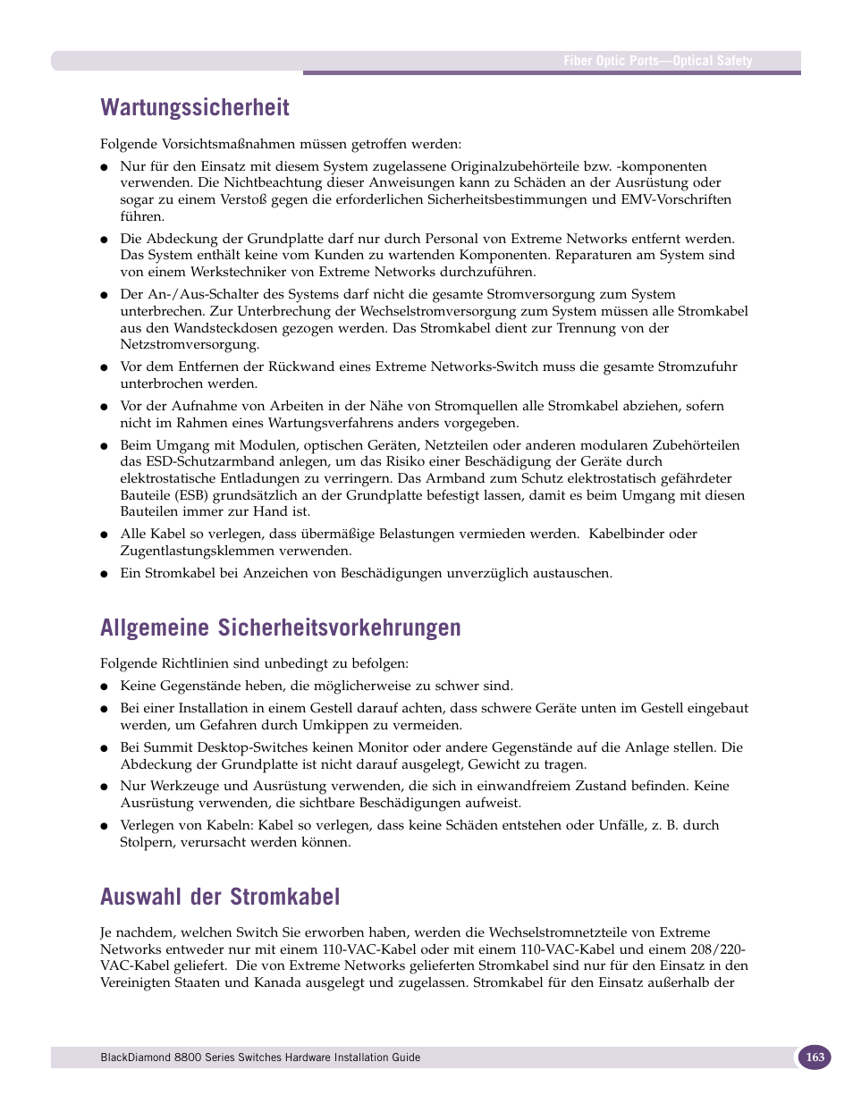 Wartungssicherheit, Allgemeine sicherheitsvorkehrungen, Auswahl der stromkabel | Extreme Networks BlackDiamond 8800 Series User Manual | Page 163 / 180