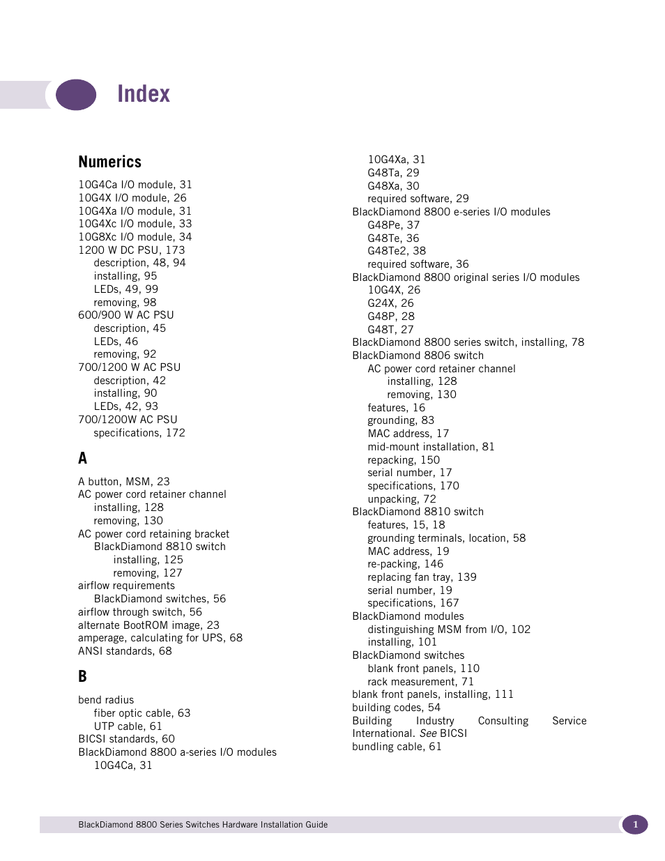 Index, Numerics | Extreme Networks BlackDiamond 8800 Series User Manual | Page 175 / 180