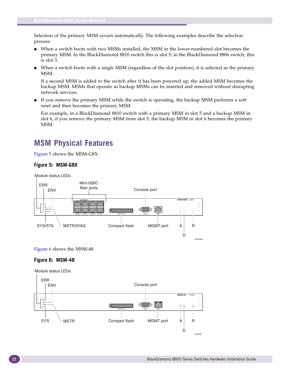 Msm physical features, Figure 5: msm-g8x, Figure 6: msm-48 | Extreme Networks BlackDiamond 8800 Series User Manual | Page 22 / 180