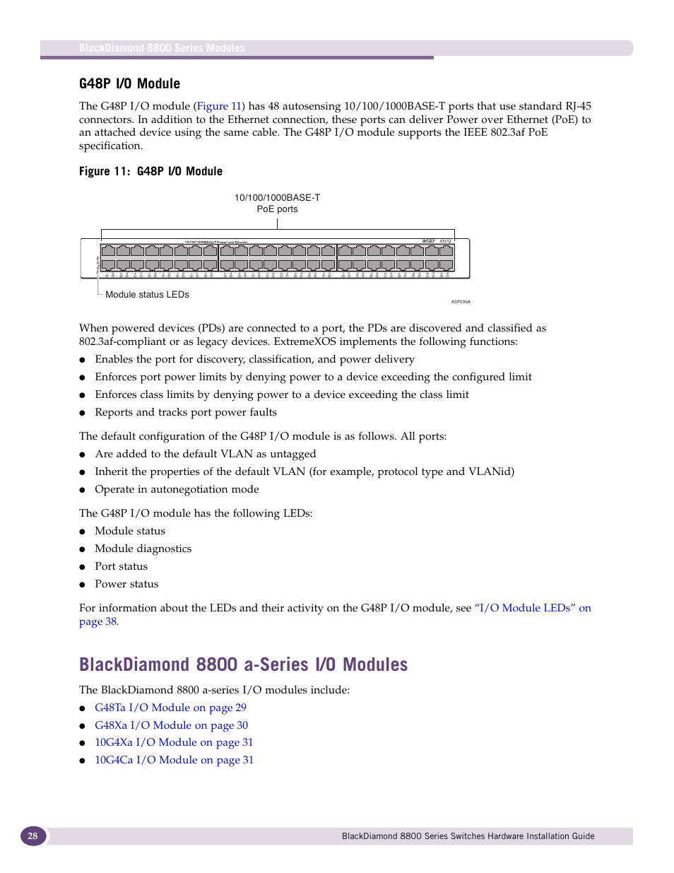 G48p i/o module, Blackdiamond 8800 a-series i/o modules, Figure 11: g48p i/o module | Extreme Networks BlackDiamond 8800 Series User Manual | Page 28 / 180