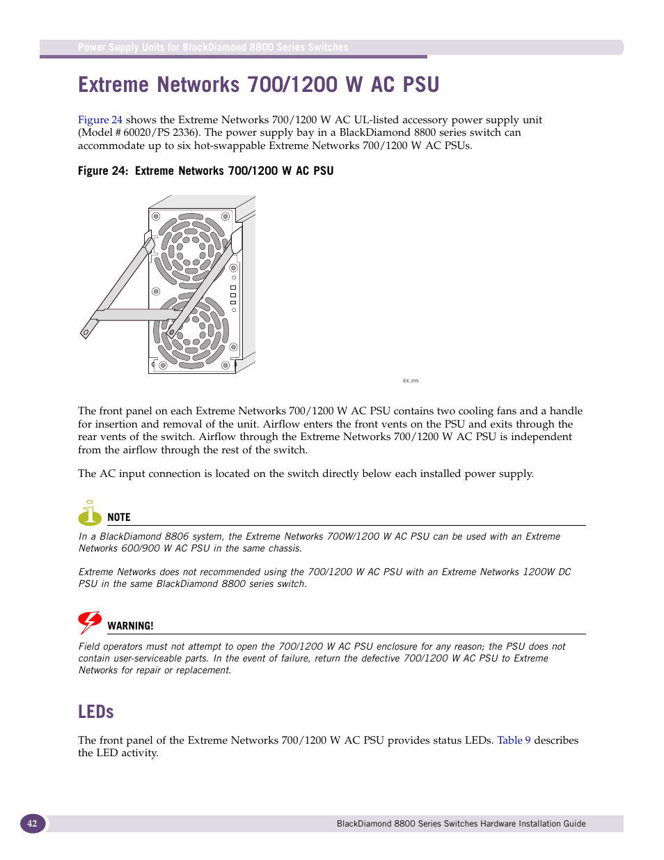 Extreme networks 700/1200 w ac psu, Leds | Extreme Networks BlackDiamond 8800 Series User Manual | Page 42 / 180