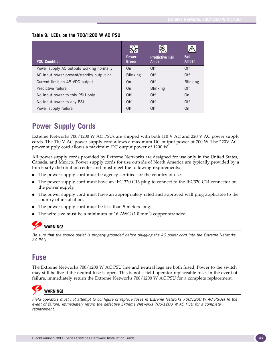 Power supply cords, Fuse, Power supply cords fuse | Extreme Networks BlackDiamond 8800 Series User Manual | Page 43 / 180
