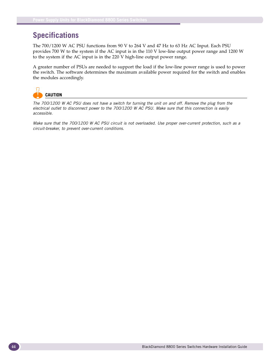 Specifications | Extreme Networks BlackDiamond 8800 Series User Manual | Page 44 / 180