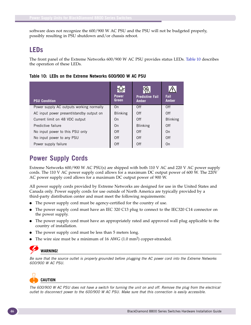 Leds, Power supply cords, Leds power supply cords | Extreme Networks BlackDiamond 8800 Series User Manual | Page 46 / 180