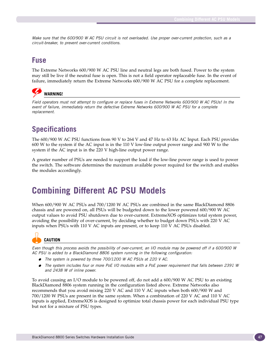 Fuse, Specifications, Combining different ac psu models | Fuse specifications | Extreme Networks BlackDiamond 8800 Series User Manual | Page 47 / 180