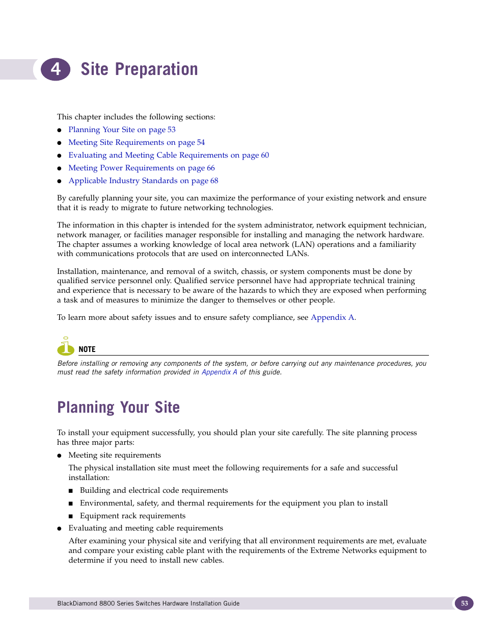 Site preparation, Planning your site, Chapter 4: site preparation | 4site preparation | Extreme Networks BlackDiamond 8800 Series User Manual | Page 53 / 180
