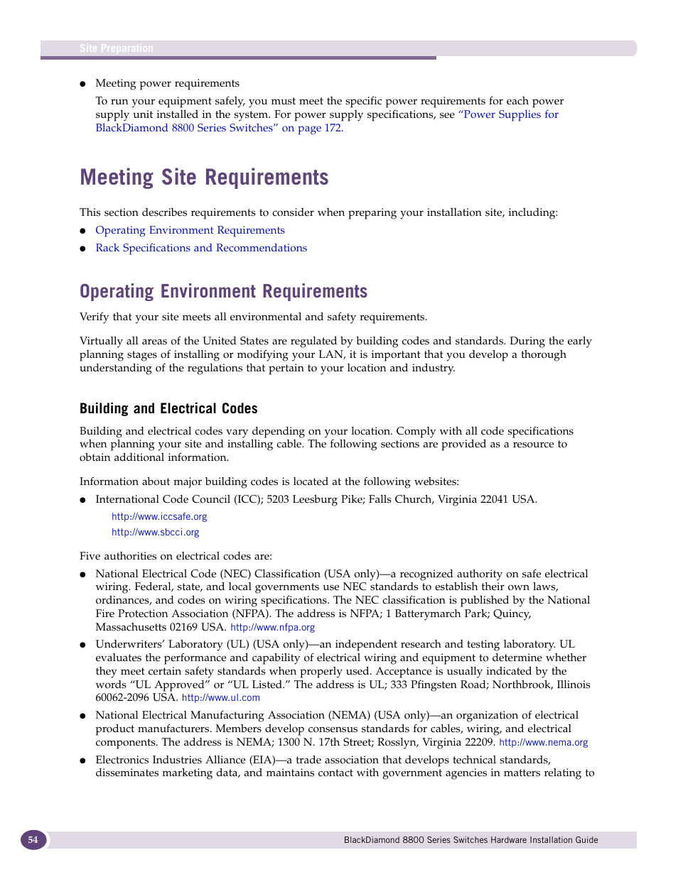 Meeting site requirements, Operating environment requirements, Building and electrical codes | Extreme Networks BlackDiamond 8800 Series User Manual | Page 54 / 180