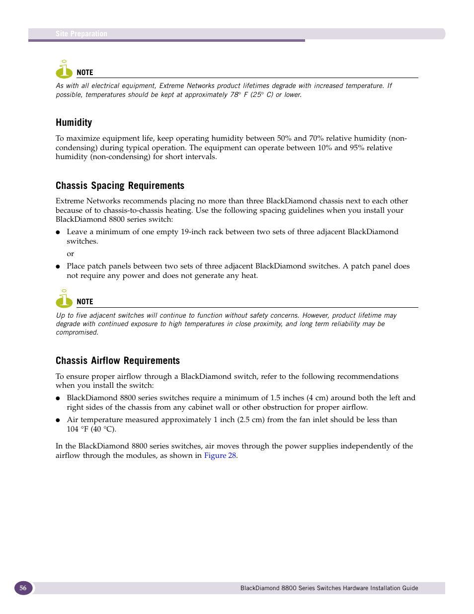 Humidity, Chassis spacing requirements, Chassis airflow requirements | Extreme Networks BlackDiamond 8800 Series User Manual | Page 56 / 180