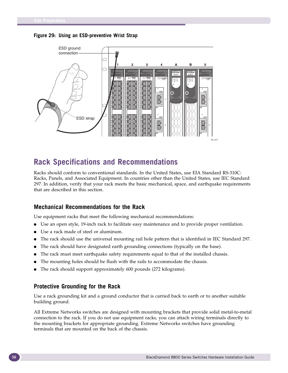 Rack specifications and recommendations, Mechanical recommendations for the rack, Protective grounding for the rack | Extreme Networks BlackDiamond 8800 Series User Manual | Page 58 / 180