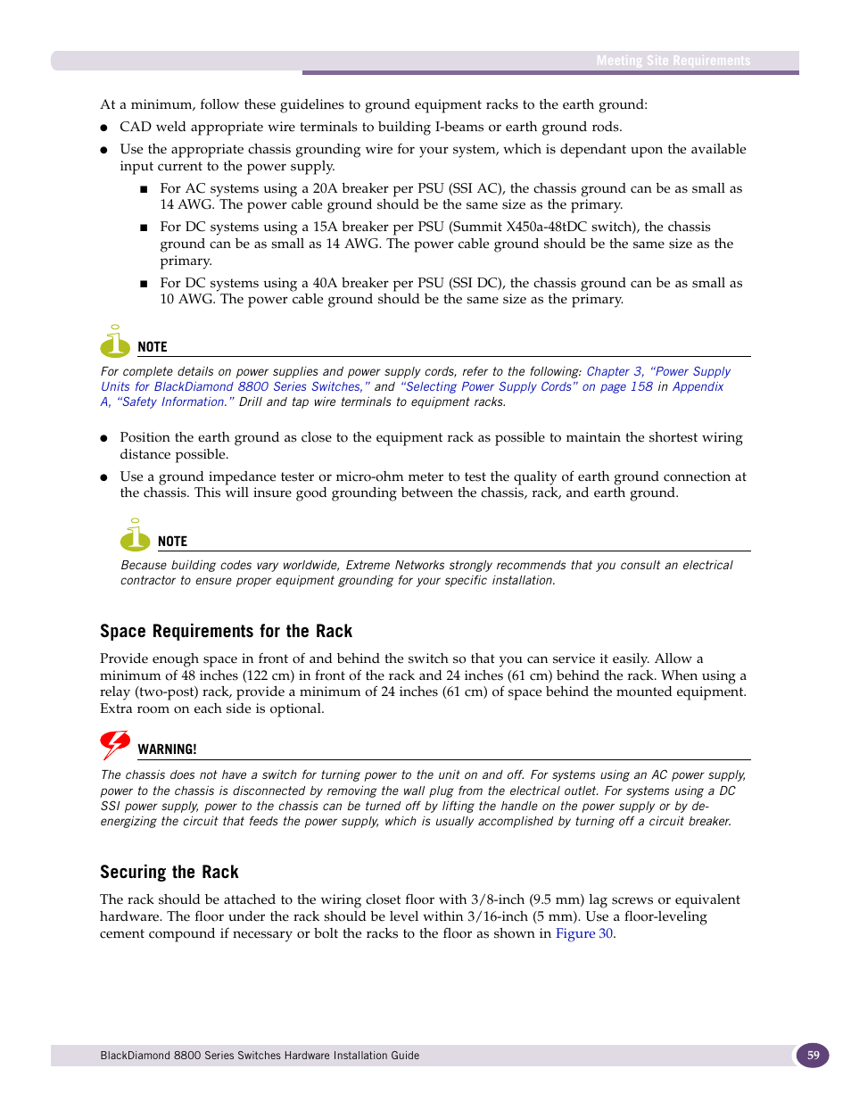 Space requirements for the rack, Securing the rack, Space requirements for the rack securing the rack | Extreme Networks BlackDiamond 8800 Series User Manual | Page 59 / 180