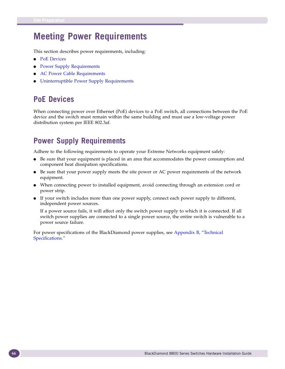 Meeting power requirements, Poe devices, Power supply requirements | Poe devices power supply requirements | Extreme Networks BlackDiamond 8800 Series User Manual | Page 66 / 180