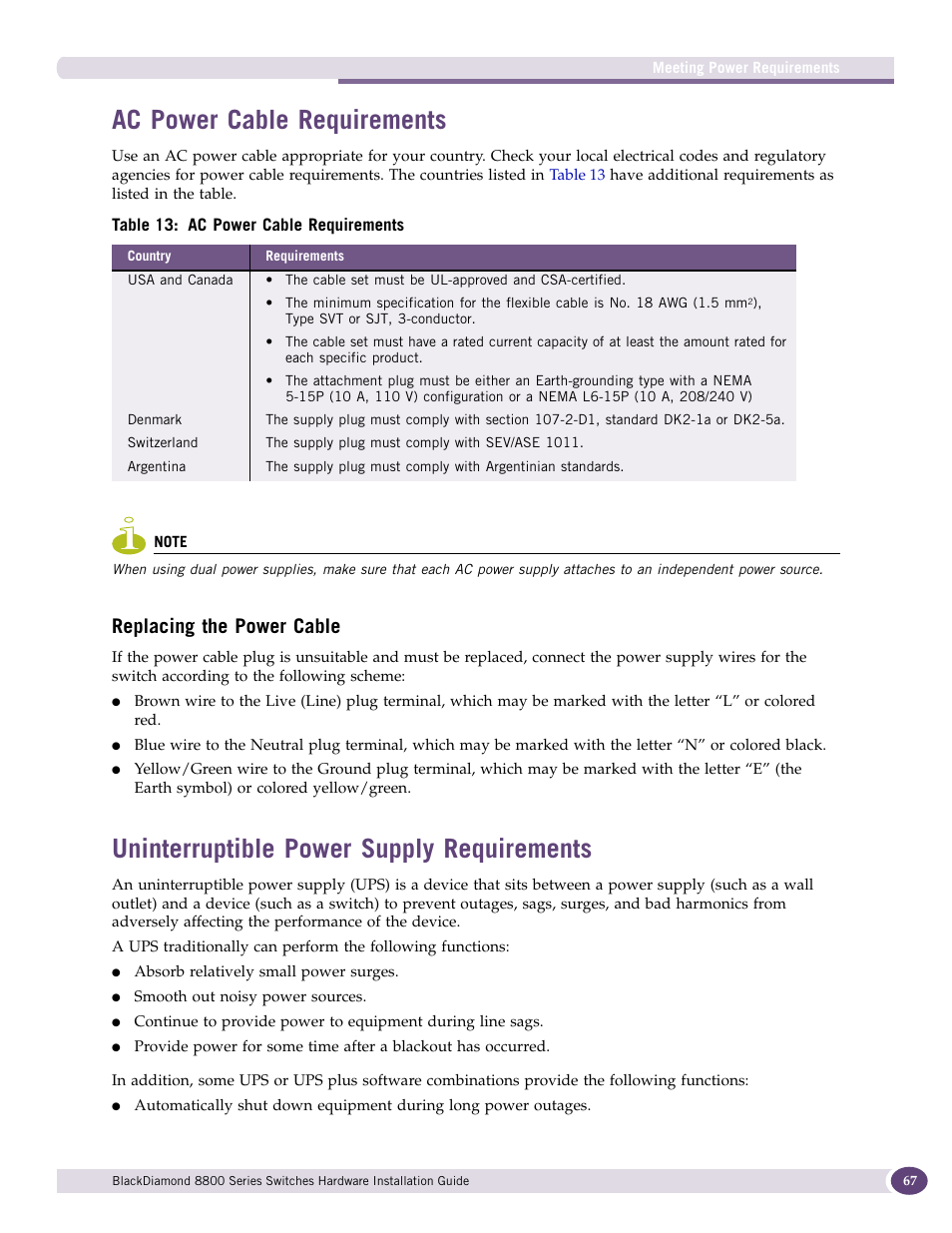Ac power cable requirements, Replacing the power cable, Uninterruptible power supply requirements | Extreme Networks BlackDiamond 8800 Series User Manual | Page 67 / 180