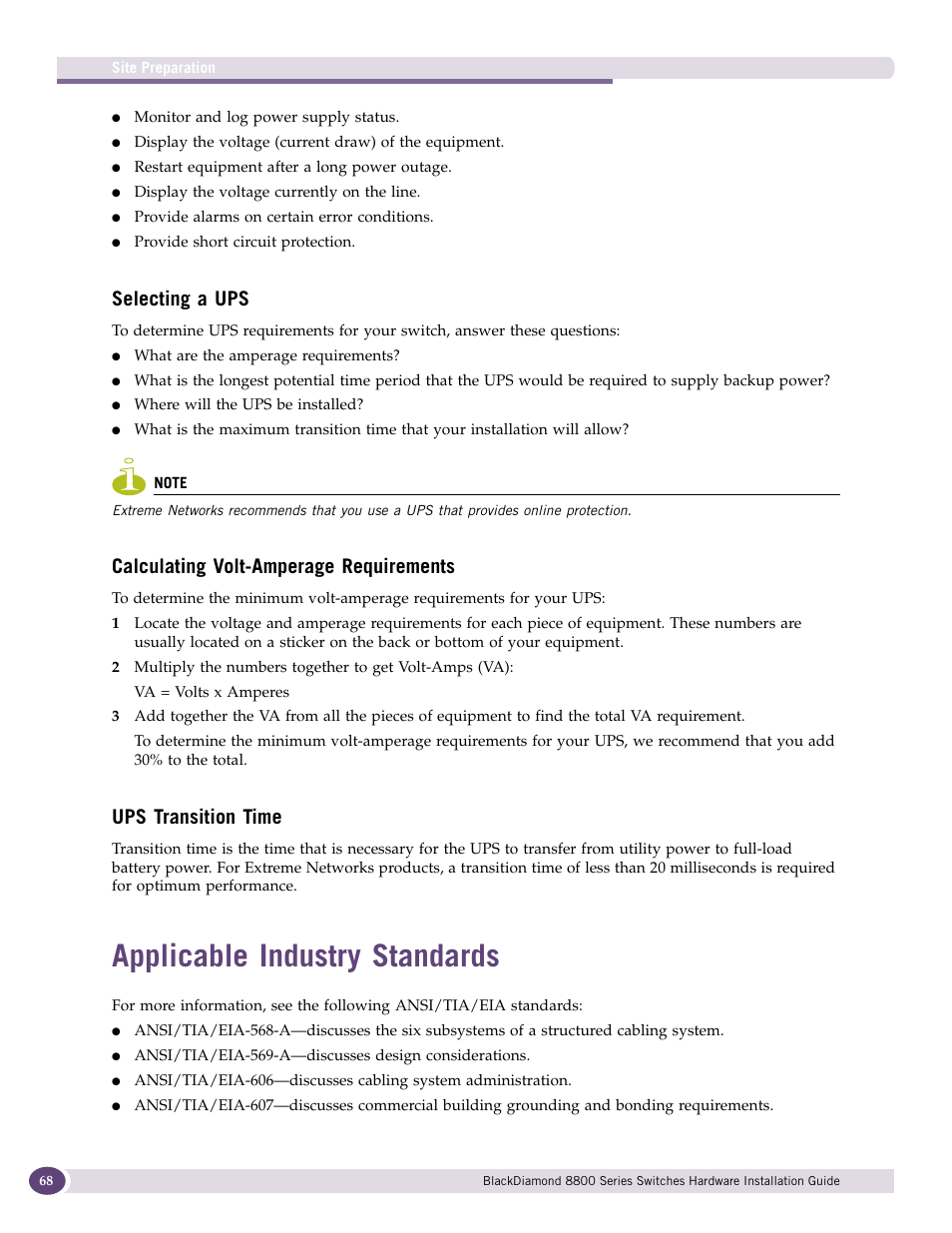 Selecting a ups, Calculating volt-amperage requirements, Ups transition time | Applicable industry standards | Extreme Networks BlackDiamond 8800 Series User Manual | Page 68 / 180