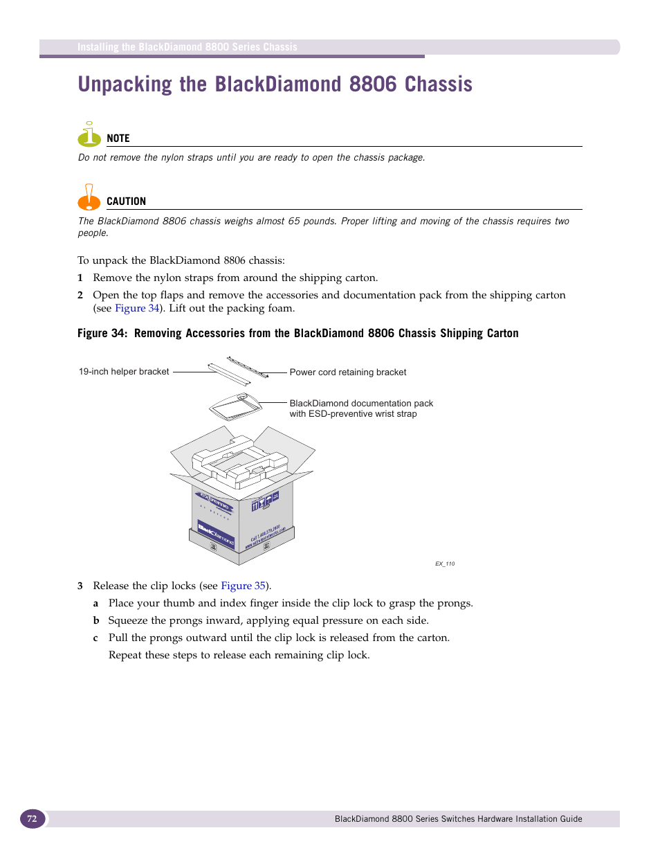 Unpacking the blackdiamond 8806 chassis | Extreme Networks BlackDiamond 8800 Series User Manual | Page 72 / 180