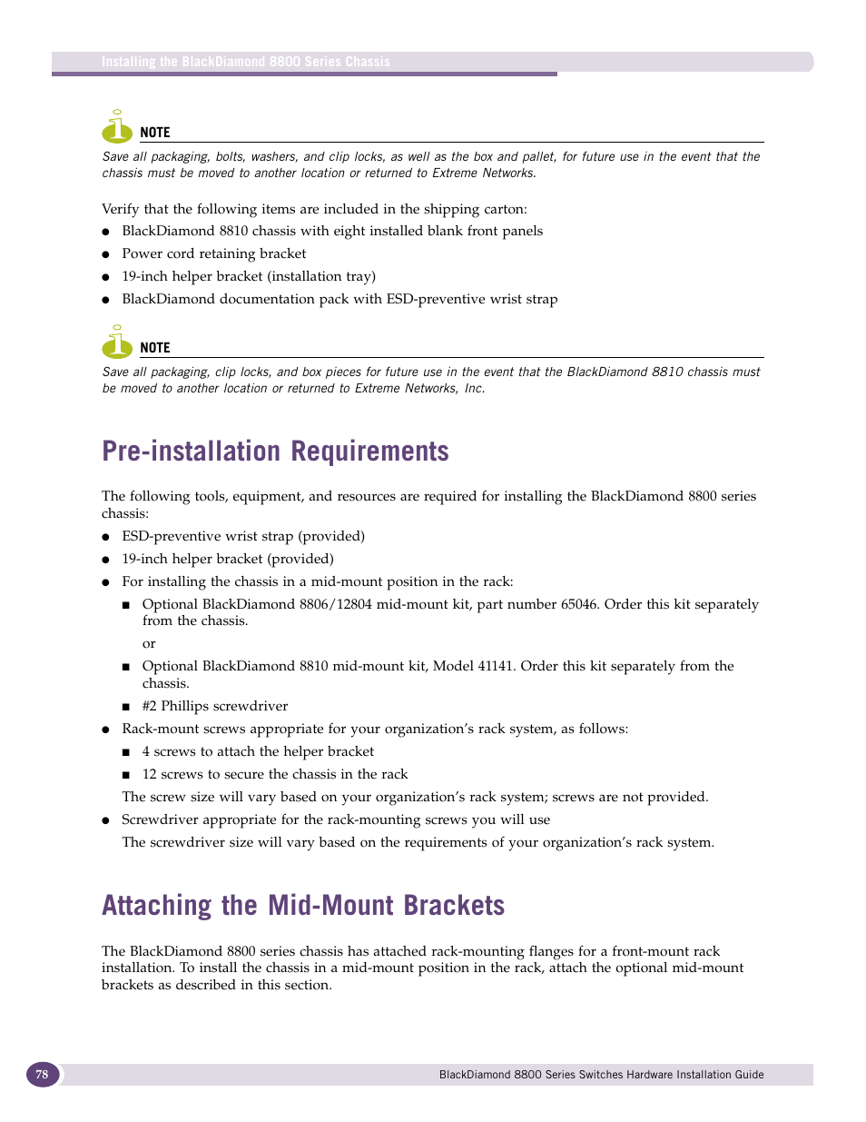 Pre-installation requirements, Attaching the mid-mount brackets | Extreme Networks BlackDiamond 8800 Series User Manual | Page 78 / 180