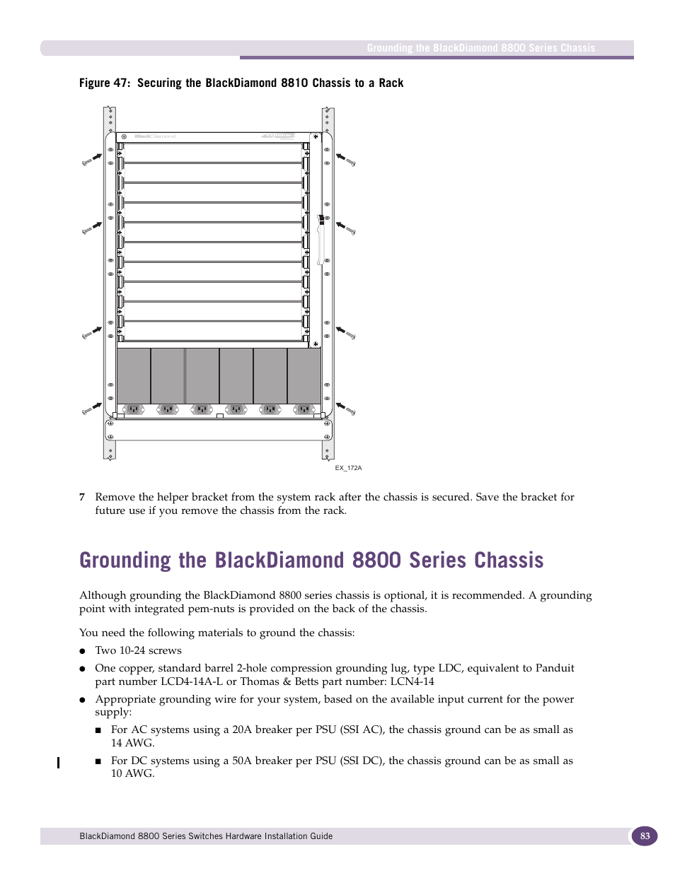 Grounding the blackdiamond 8800 series chassis | Extreme Networks BlackDiamond 8800 Series User Manual | Page 83 / 180