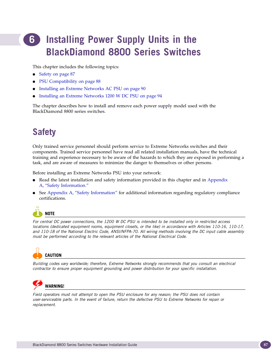 Safety | Extreme Networks BlackDiamond 8800 Series User Manual | Page 87 / 180