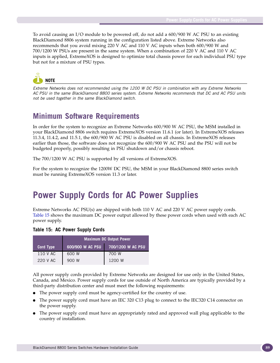 Minimum software requirements, Power supply cords for ac power supplies | Extreme Networks BlackDiamond 8800 Series User Manual | Page 89 / 180