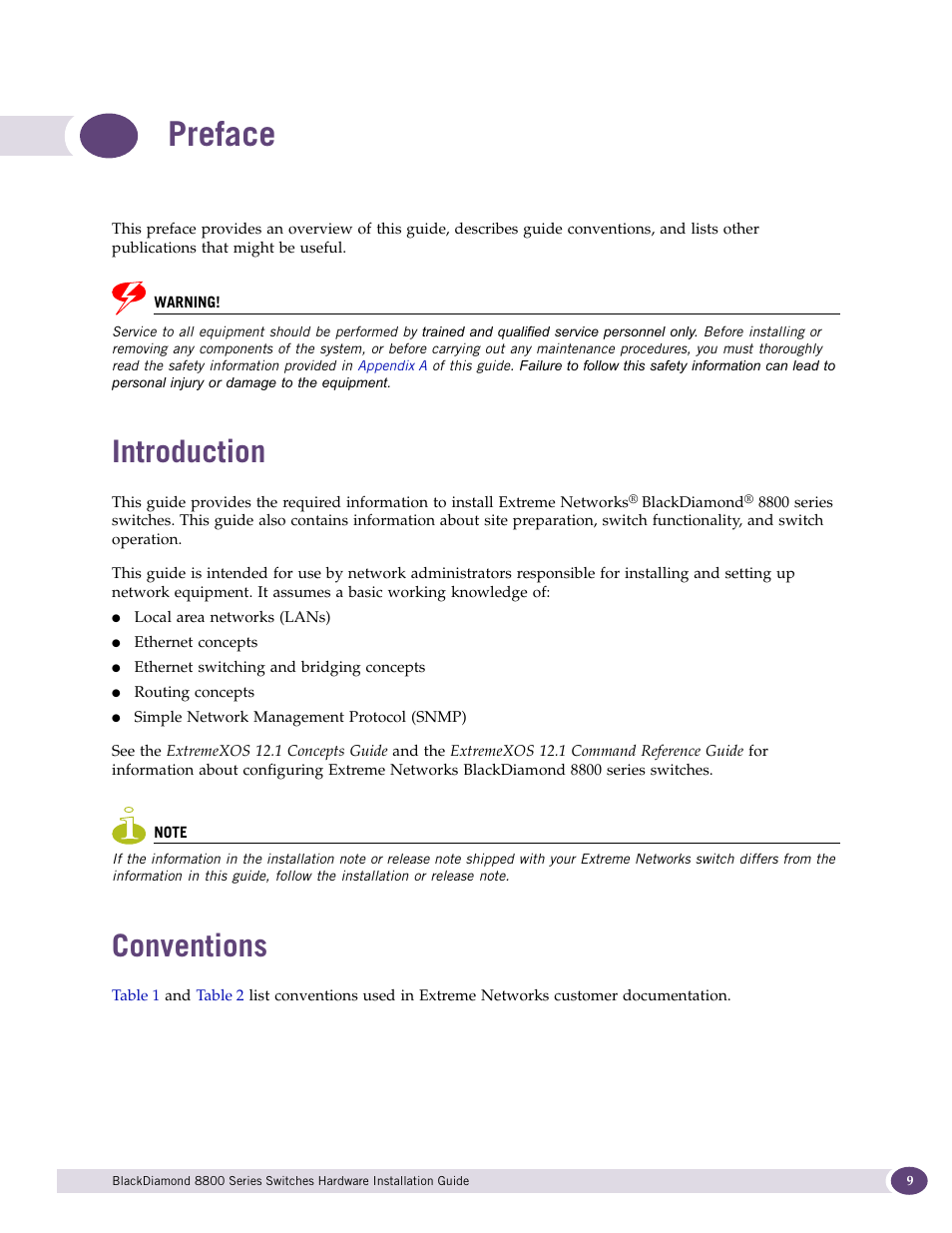 Preface, Introduction, Conventions | Extreme Networks BlackDiamond 8800 Series User Manual | Page 9 / 180