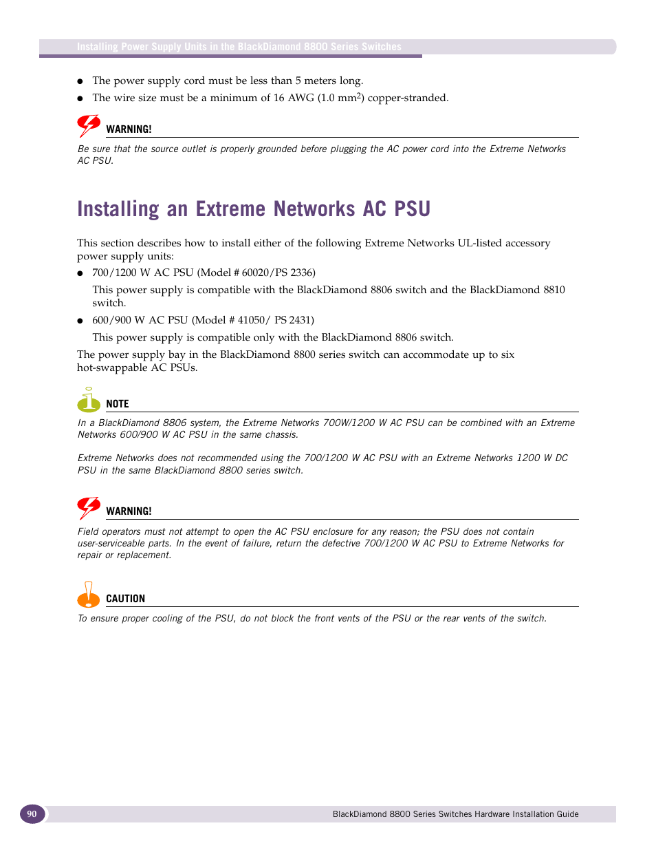 Installing an extreme networks ac psu | Extreme Networks BlackDiamond 8800 Series User Manual | Page 90 / 180