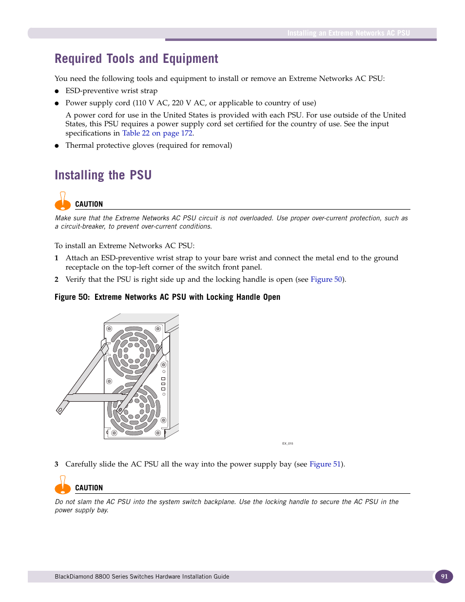 Required tools and equipment, Installing the psu, Required tools and equipment installing the psu | Extreme Networks BlackDiamond 8800 Series User Manual | Page 91 / 180