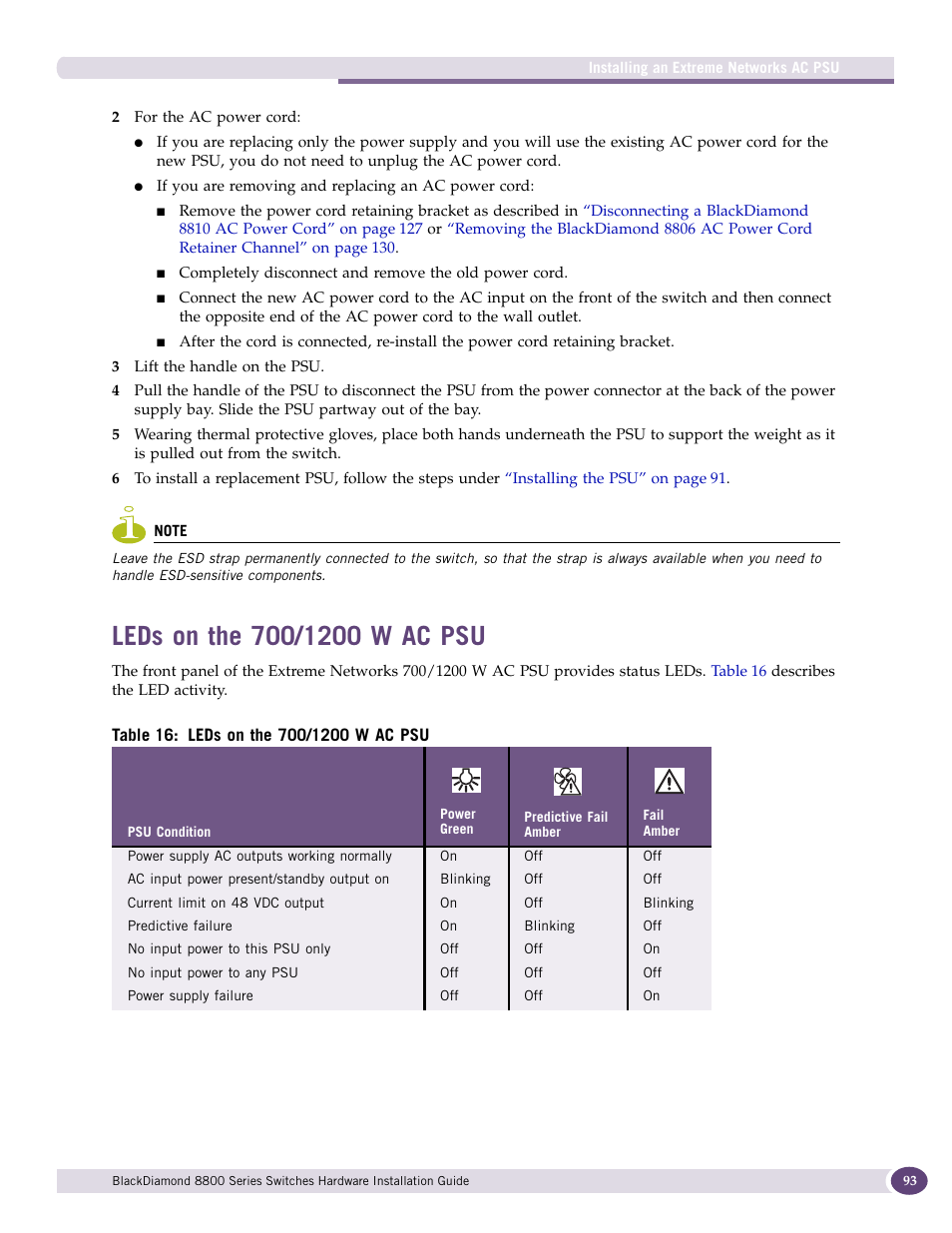 Leds on the 700/1200 w ac psu | Extreme Networks BlackDiamond 8800 Series User Manual | Page 93 / 180