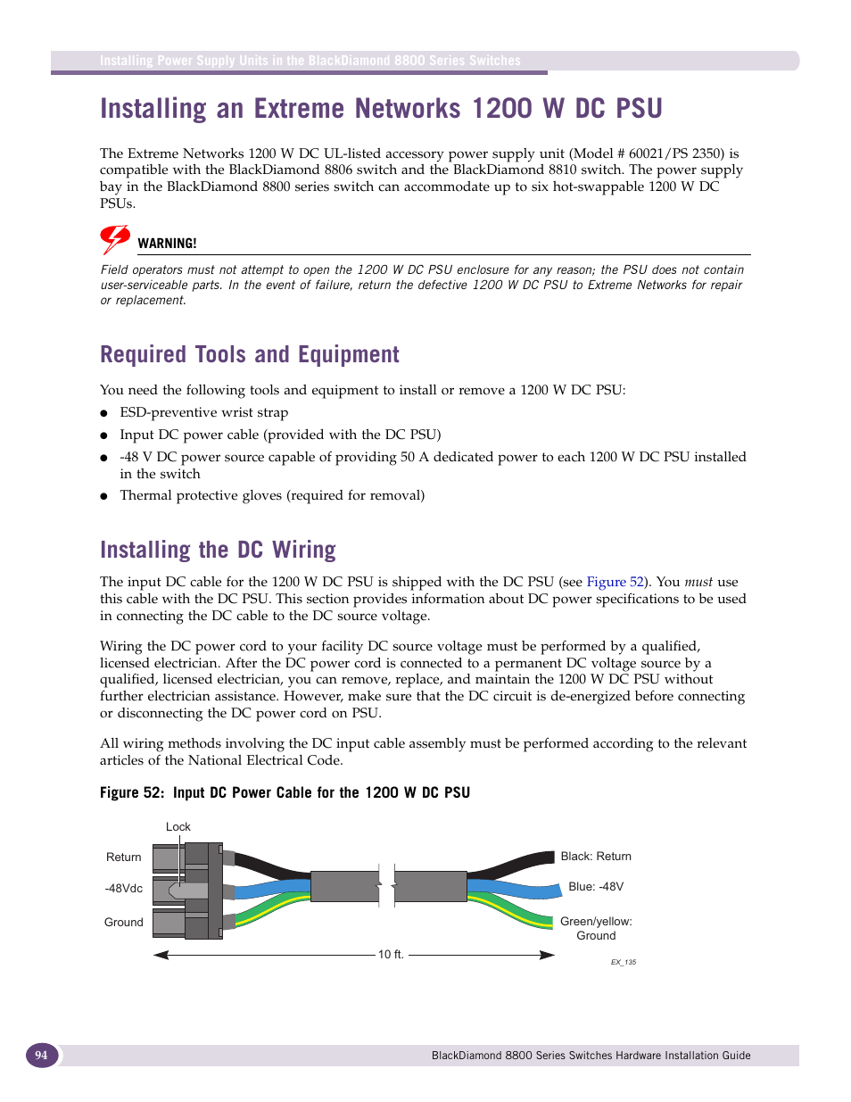 Installing an extreme networks 1200 w dc psu, Required tools and equipment, Installing the dc wiring | Extreme Networks BlackDiamond 8800 Series User Manual | Page 94 / 180