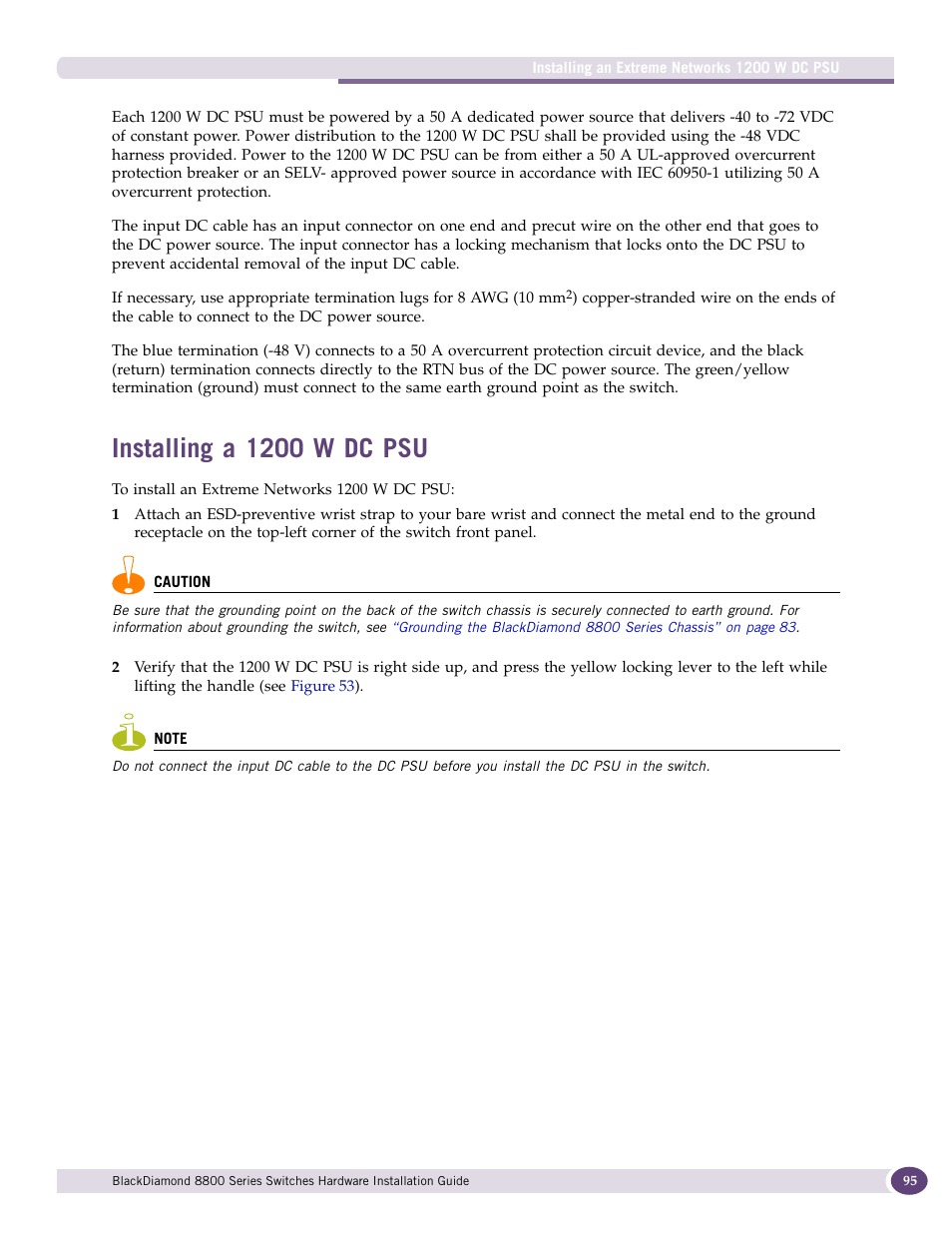Installing a 1200 w dc psu | Extreme Networks BlackDiamond 8800 Series User Manual | Page 95 / 180