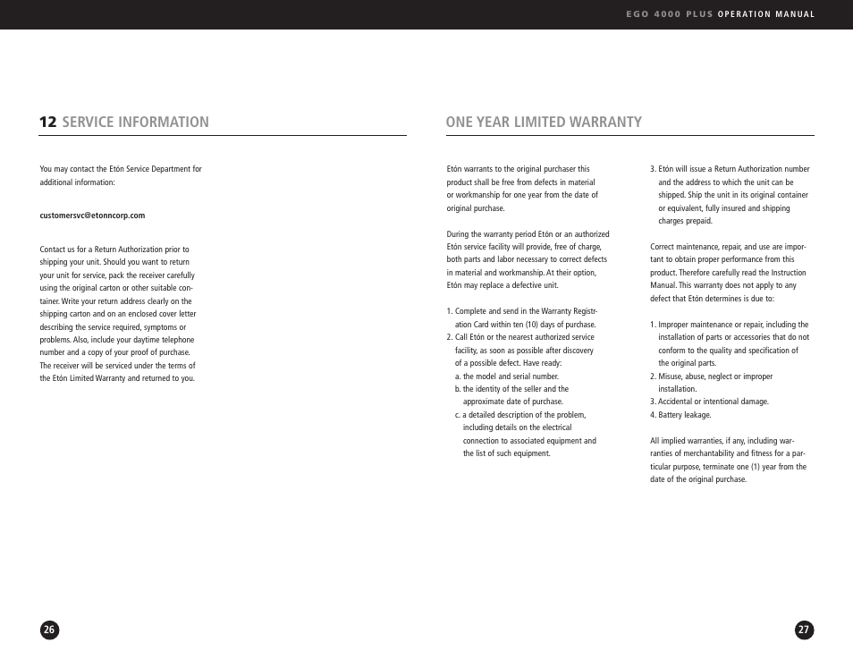 One year limited warranty, 12 service information | Ego Technology 4000 Plus User Manual | Page 14 / 71