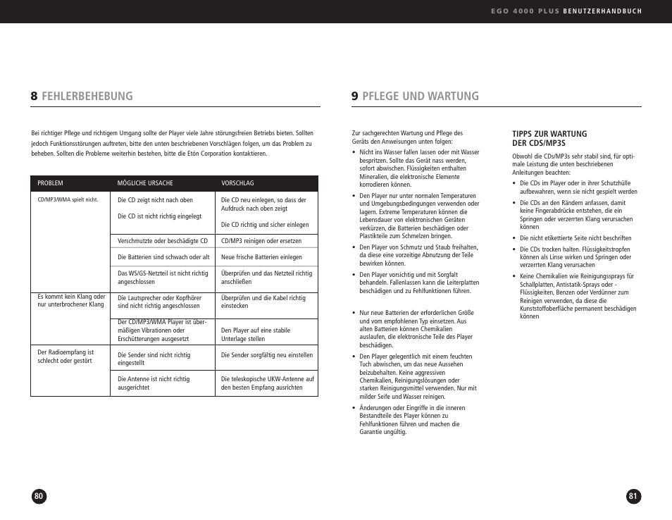 9pflege und wartung, 8fehlerbehebung | Ego Technology 4000 Plus User Manual | Page 41 / 71
