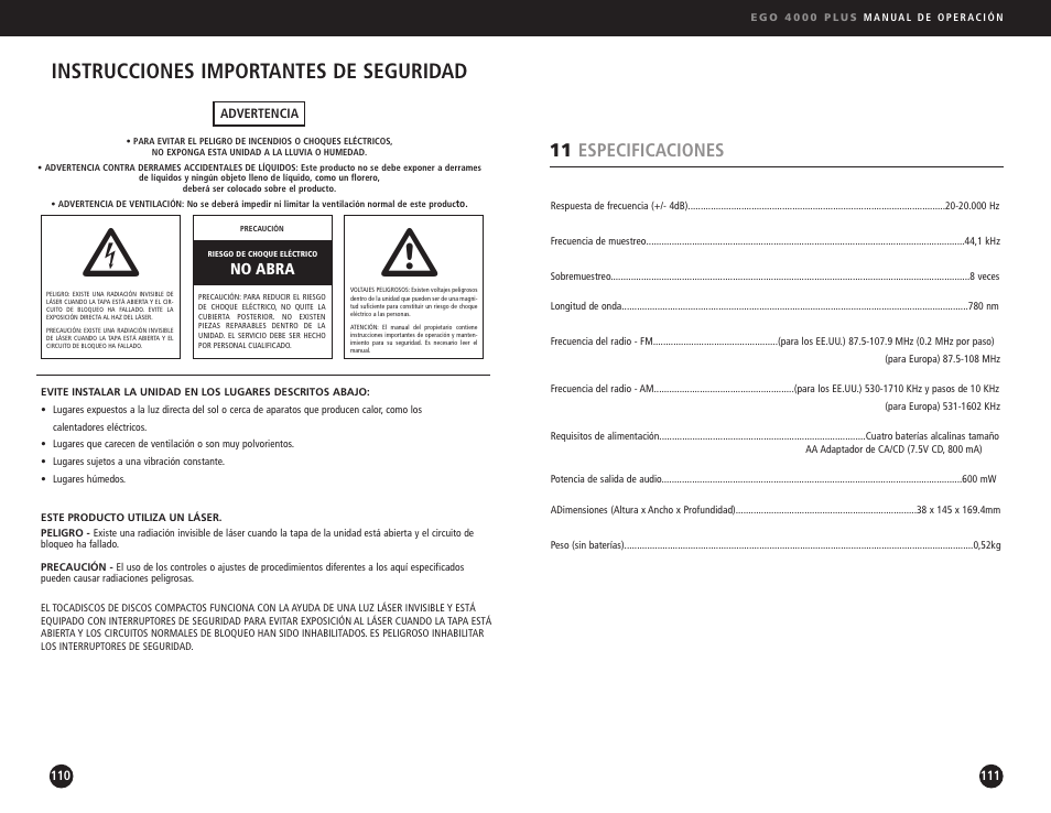Instrucciones importantes de seguridad, 11 especificaciones | Ego Technology 4000 Plus User Manual | Page 56 / 71