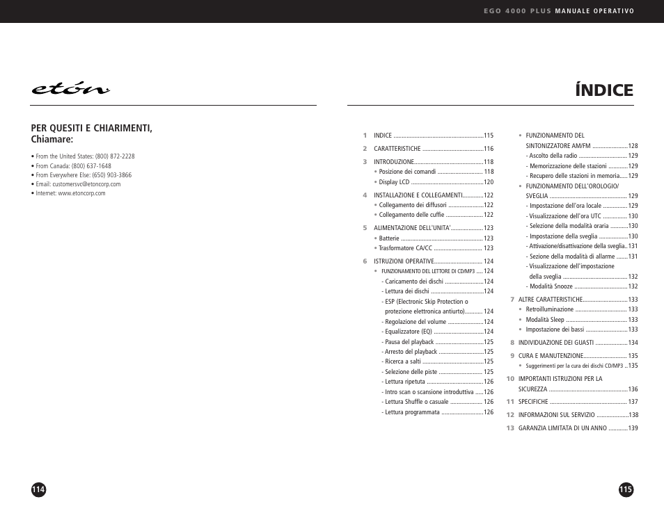 Índice, Per quesiti e chiarimenti, chiamare | Ego Technology 4000 Plus User Manual | Page 58 / 71