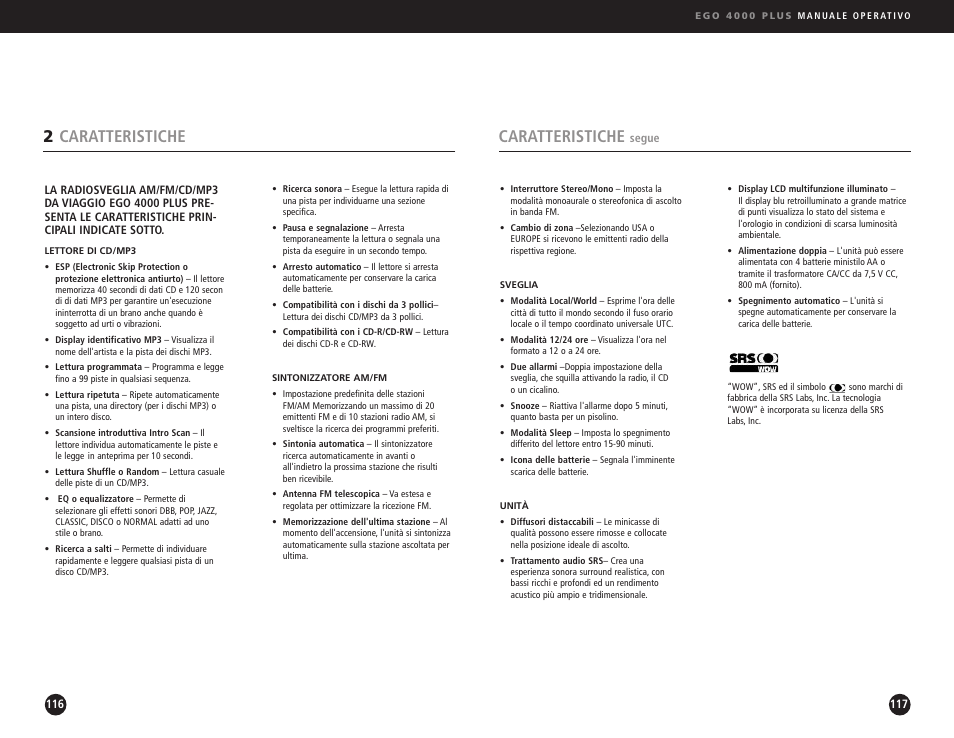 Caratteristiche, 2caratteristiche | Ego Technology 4000 Plus User Manual | Page 59 / 71