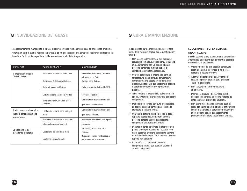 9cura e manutenzione, 8individuazione dei guasti | Ego Technology 4000 Plus User Manual | Page 68 / 71