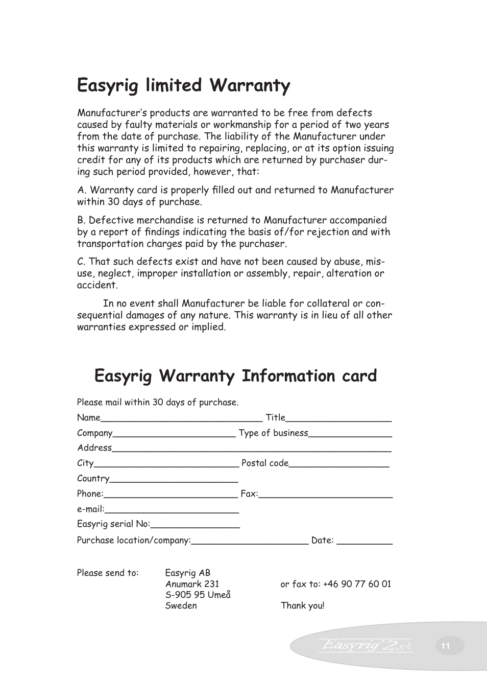 Easyrig limited warranty, Easyrig warranty information card | Easyrig Camcorder Tripod User Manual | Page 11 / 12