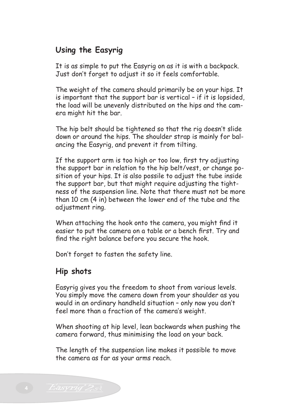 Using the easyrig, Hip shots | Easyrig Camcorder Tripod User Manual | Page 4 / 12