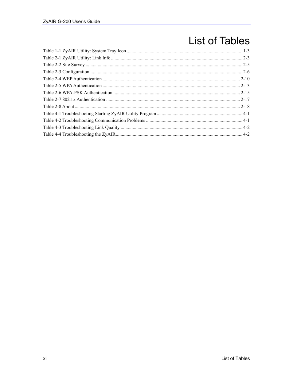 List of tables | Equinox Systems ZyAIR G-200 User Manual | Page 12 / 52