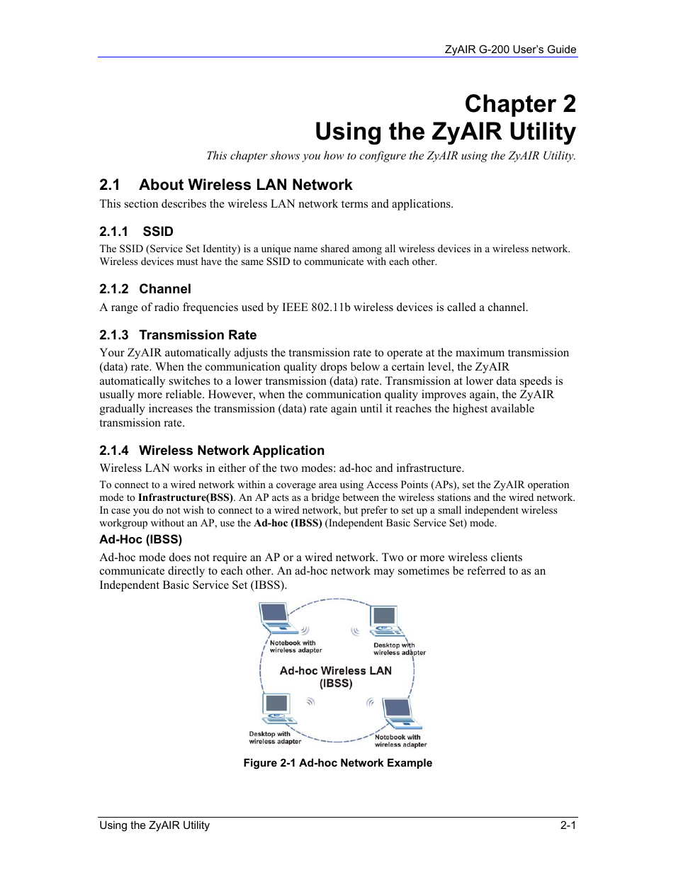 Ssid, Channel, Transmission rate | Wireless network application, Chapter 2 using the zyair utility | Equinox Systems ZyAIR G-200 User Manual | Page 19 / 52