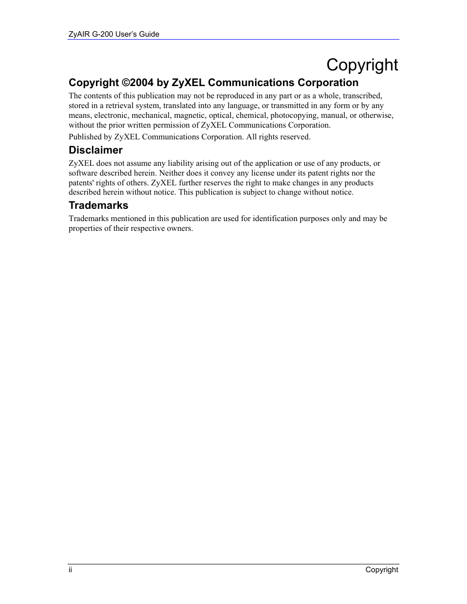 Copyright | Equinox Systems ZyAIR G-200 User Manual | Page 2 / 52