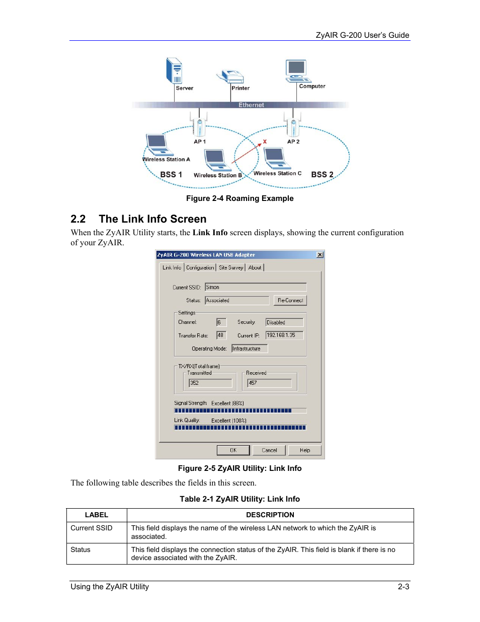 2 the link info screen | Equinox Systems ZyAIR G-200 User Manual | Page 21 / 52