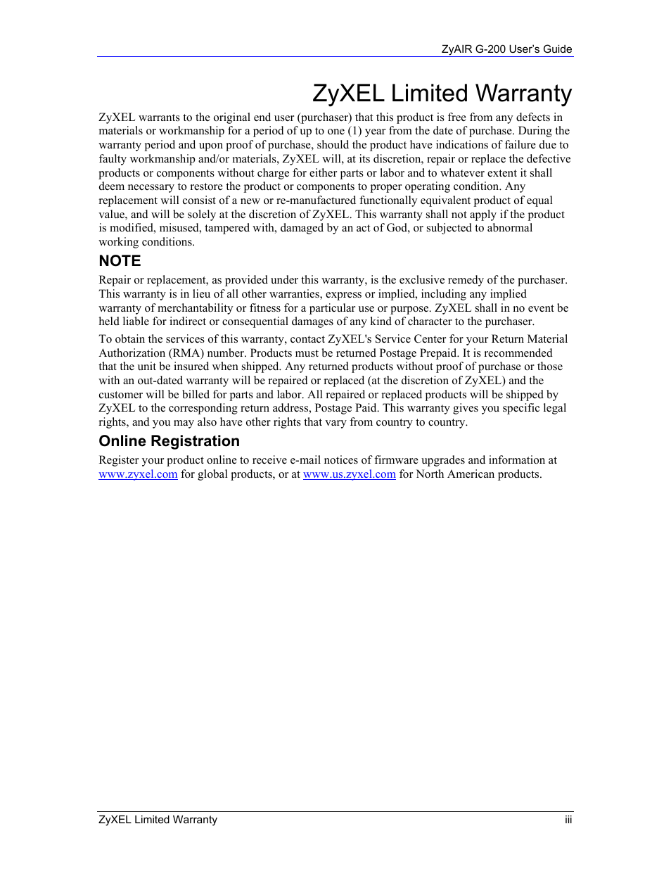 Zyxel limited warranty | Equinox Systems ZyAIR G-200 User Manual | Page 3 / 52