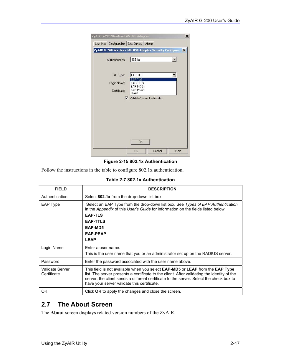 7 the about screen | Equinox Systems ZyAIR G-200 User Manual | Page 35 / 52