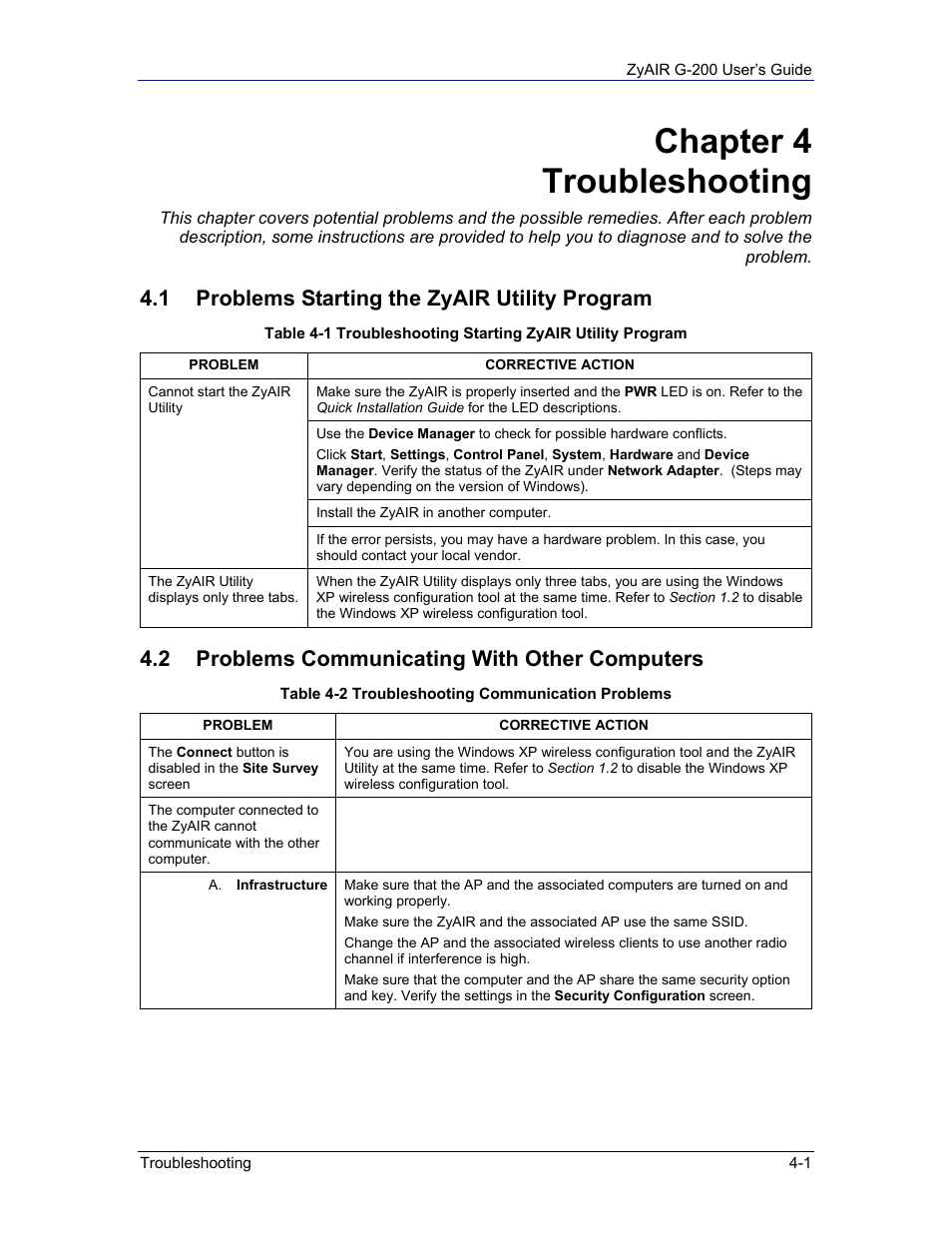 Chapter 4 troubleshooting, 1 problems starting the zyair utility program, 2 problems communicating with other computers | Equinox Systems ZyAIR G-200 User Manual | Page 41 / 52