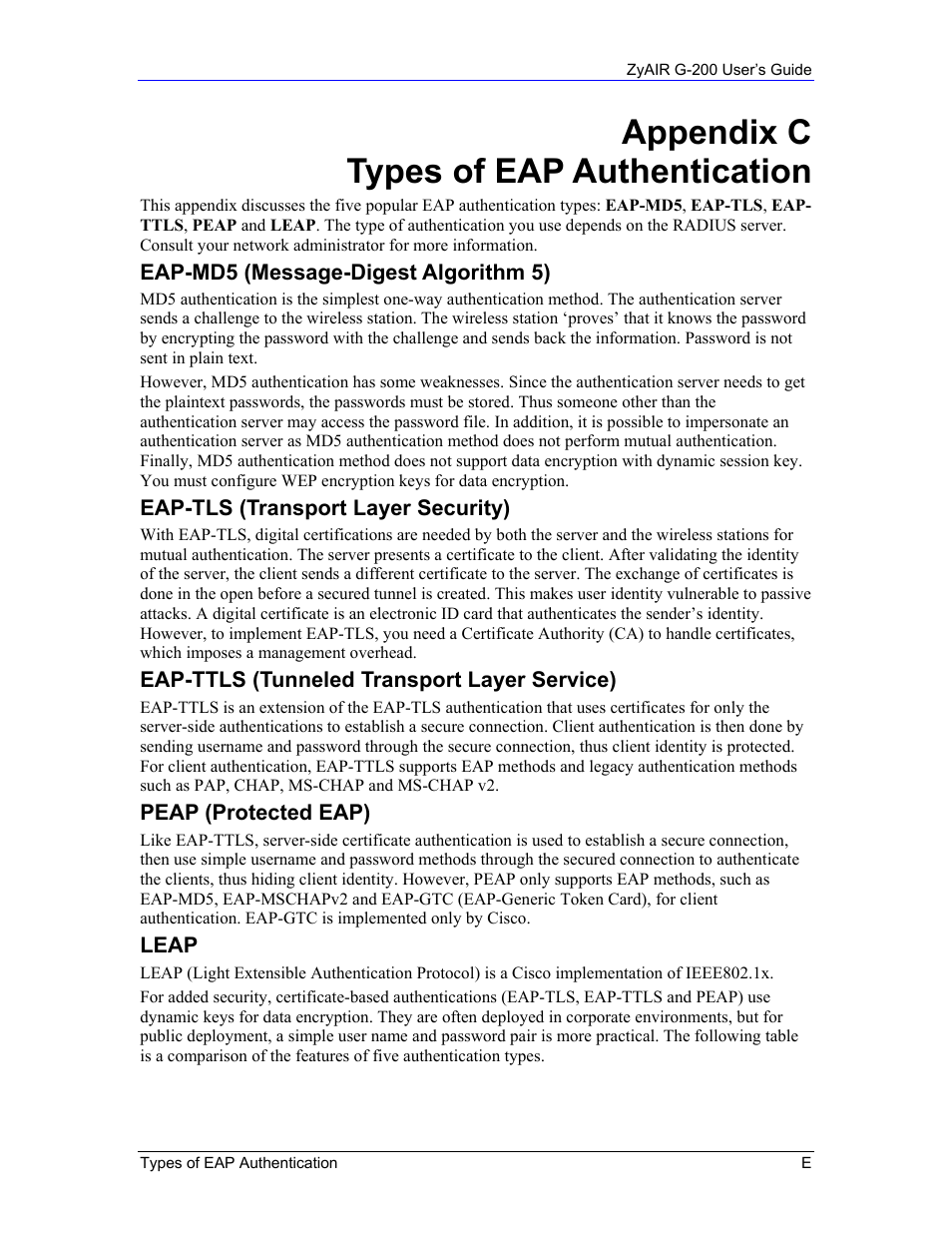 Appendix c types of eap authentication | Equinox Systems ZyAIR G-200 User Manual | Page 47 / 52