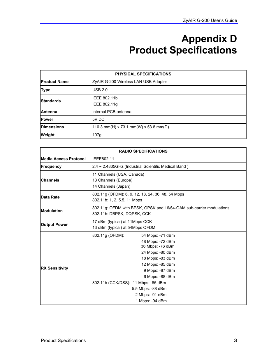 Appendix d product specifications | Equinox Systems ZyAIR G-200 User Manual | Page 49 / 52