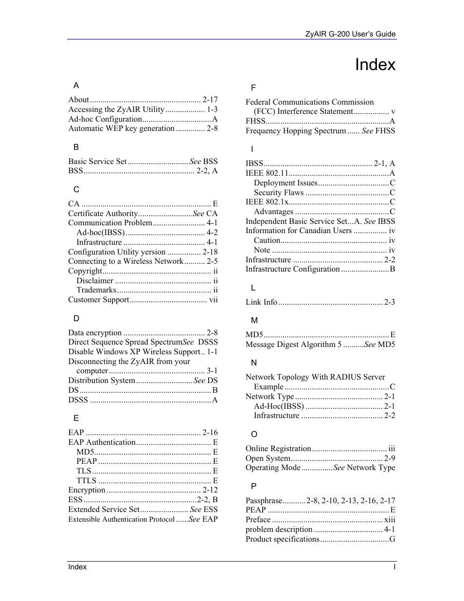 Index | Equinox Systems ZyAIR G-200 User Manual | Page 51 / 52