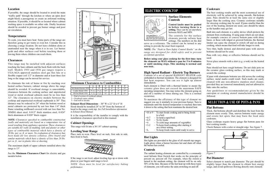 Electric cooktop, Selection & use of pots & pans, Surface elements controls | High speed radiant - electric top burners, Hot lights, Controls, Cookware, Flat bottoms, Pot diameter, Location | Elmira Stove Works 1956 User Manual | Page 4 / 17