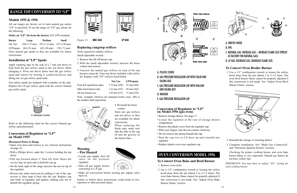 Oven conversion model 1956, Range top conversion to “lp, Installation of “lp” spuds | Conversion of regulator to “lp” on model 1955, Replacing rangetop orifices, Warning – fire hazard | Elmira Stove Works 1956 User Manual | Page 7 / 17